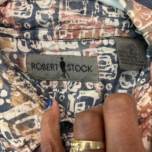 Robert Stock Vintage 100% Silk Shirt Abstract Geometric Pattern Boho Button Boho - Picture 3 of 9